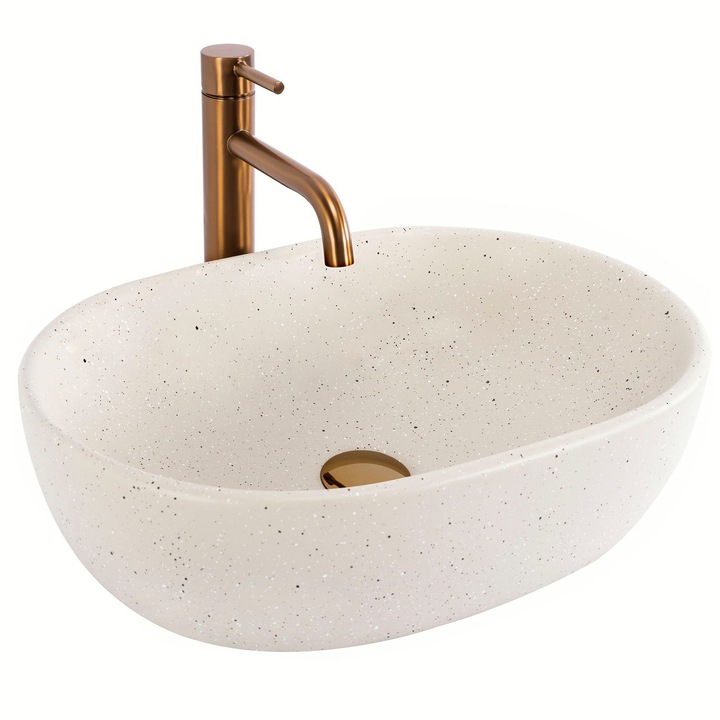 Lavoar pe Blat Rea Amelia Sandy Bej Mat, Imitatie Piatra, Ceramica Sanitara, 48x34.5 cm