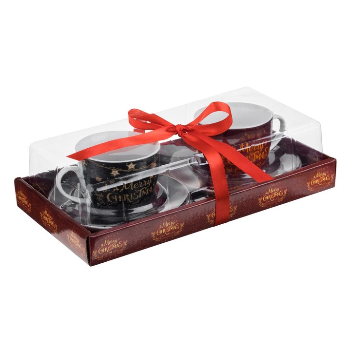 Set de craciun cesti din portelan negru rosu cu mesaj & farfurii 200ml - 2buc