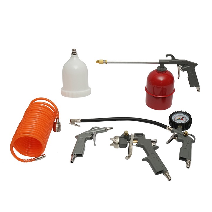 Set 5 piese aer comprimat vopsit, suflat, umflat, spalat cu furtun spiralat 5m Breckner Germany