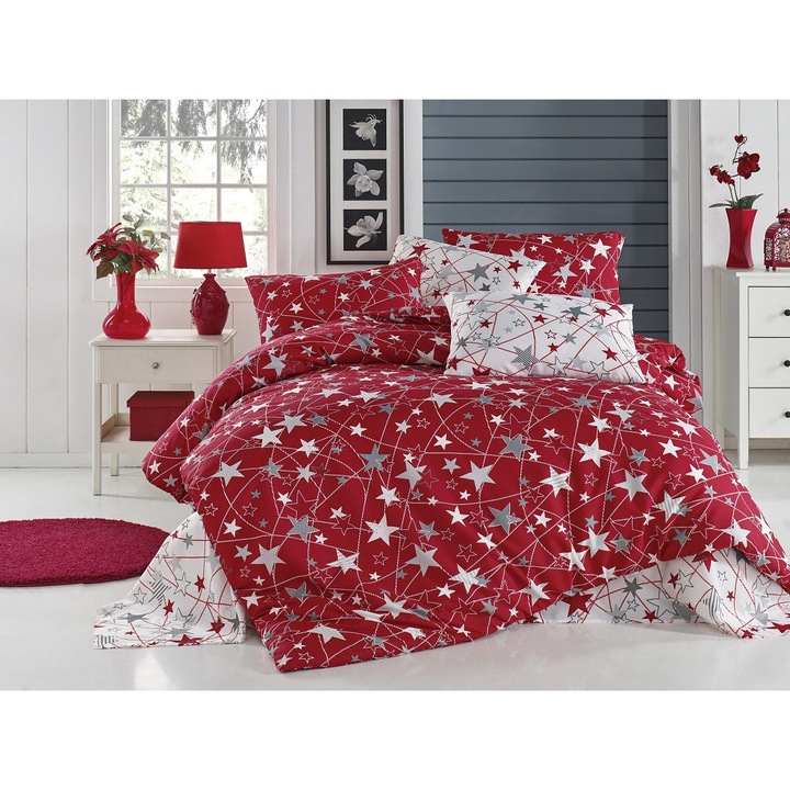 Комплект спално бельо, DemoHome DEPPO, двойно легло king size, изработено от сатенен памук (полипамук) с шарка RED STARS, RED home - чаршаф с фина облегалка, чаршаф, 2 калъфки за възглавници