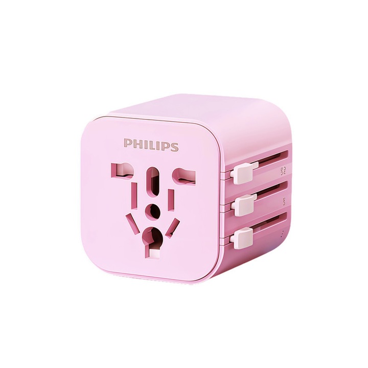 Univerzális utazási adapter PHILIPS, 200+ országot támogat, többféle aljzat, kompakt, rózsaszín