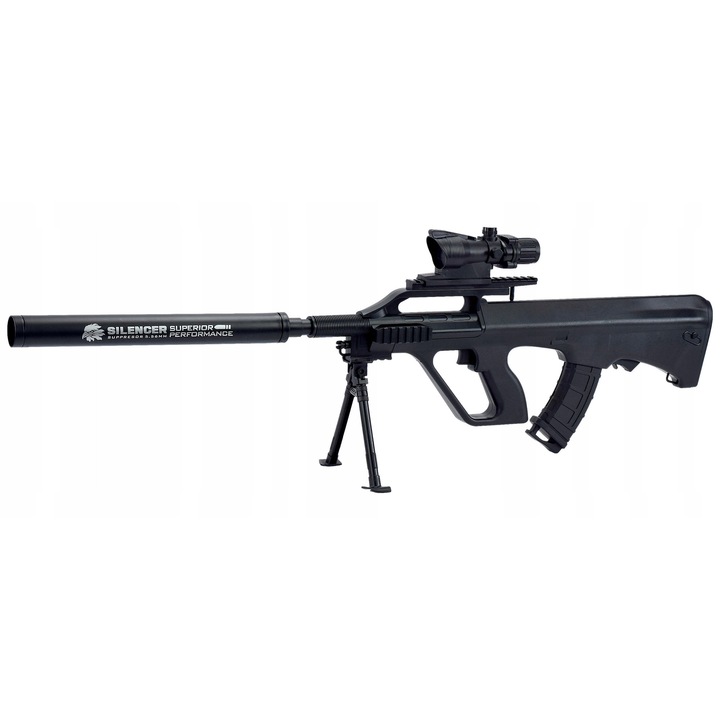 Pulverizator de jucărie AUG, plastic, cu laser, negru