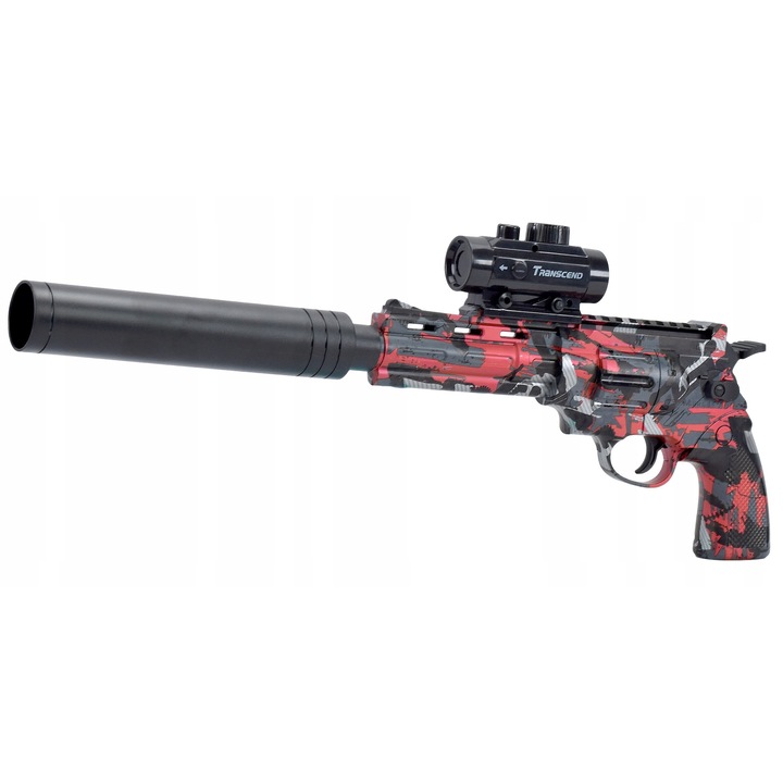 Pistol jucărie, plastic, bile de gel, roșu/negru/gri