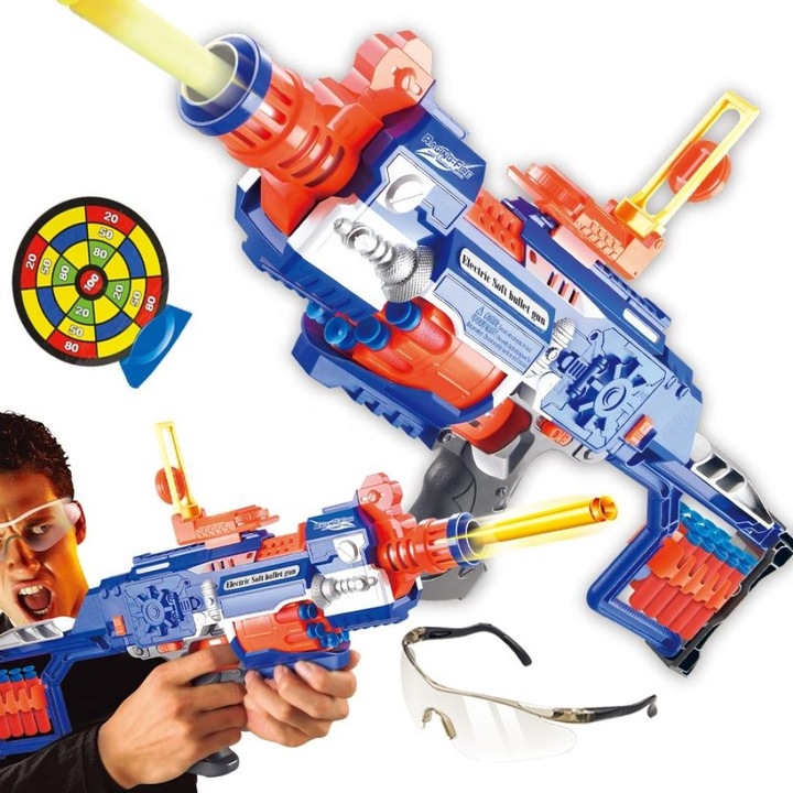 Pusca de jucarie tip NERF Gun, tragere automata cu proiectile din spuma moale, 20 proiectile EVA incluse