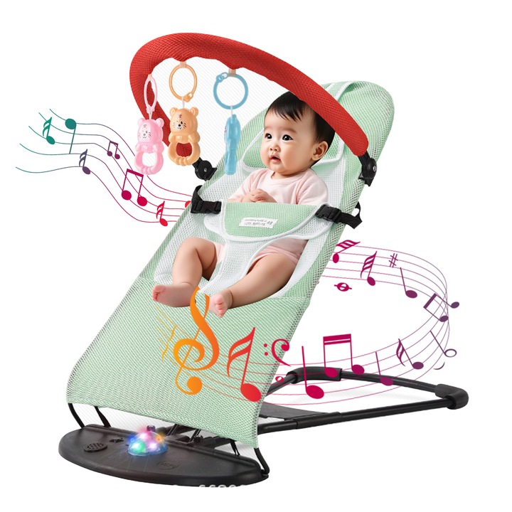 Balansoar pentru bebelusi, Morovan, cu muzica si lumini, suport pentru jucarii, Ergonomic, 3 niveluri de Inaltime reglabila, design anti-alunecare, Centura in 3 puncte, husa detasabila, Pliabil, Balansare naturala, 0-18 Kg, 77x38x58 cm, Verde