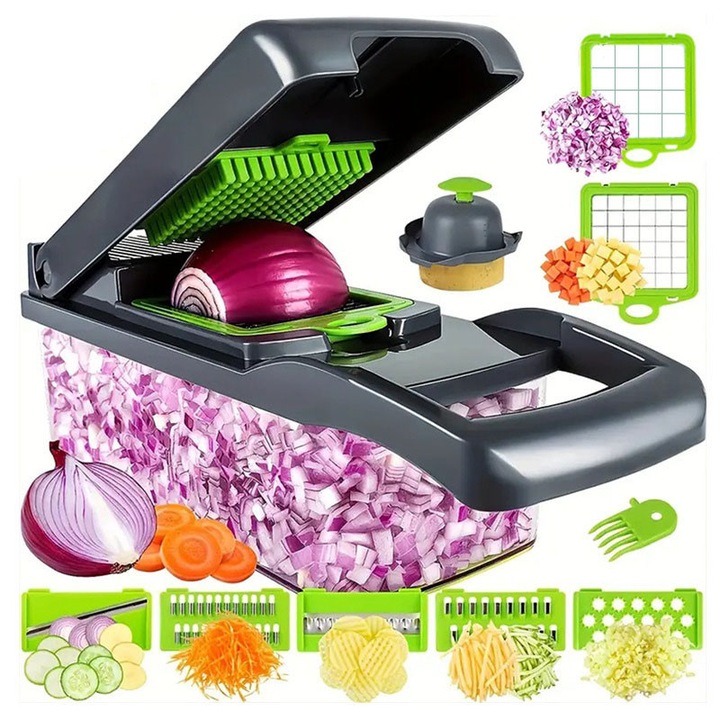 Cutter de legume, Cutter alimentar multifunctional, Cutter de ceapa profesionala cu 7 lame, Cutter de legume cu container pentru salata, cartofi, morcov si usturoi; Instrument de bucatarie esential (gri)