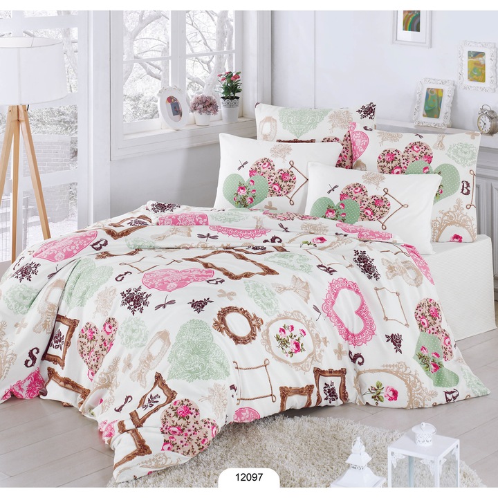 Комплект спално бельо, DemoHome DEPPO, двойно легло king size, изработено от сатенен памук (полипамук) с шарка HEARTS IN A FRAME, BLUE home – чаршаф с фина облегалка, чаршаф, 2 калъфки за възглавници