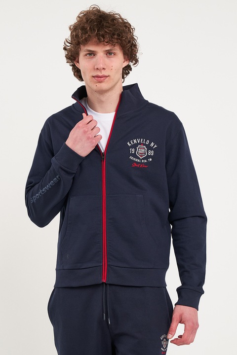 KVL by KENVELO, Bluza de trening cu fermoar si logo, Rosu/Bleumarin
