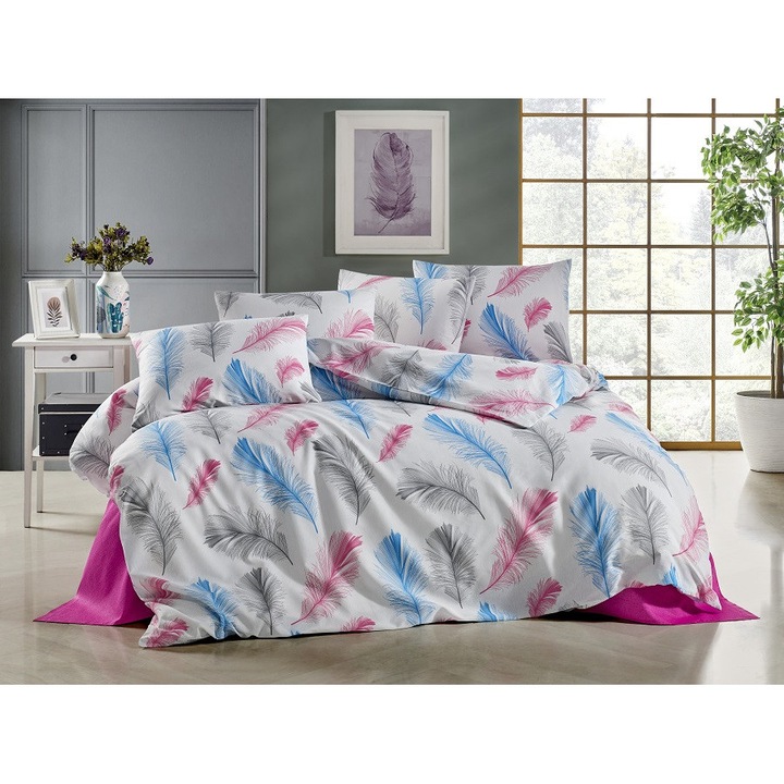 Комплект спално бельо, DemoHome DEPPO, двойно легло king size, изработено от сатенен памук (полипамук) с шарка DREAM DOGS, WHITE home – чаршаф с фина облегалка, чаршаф, 2 калъфки за възглавници