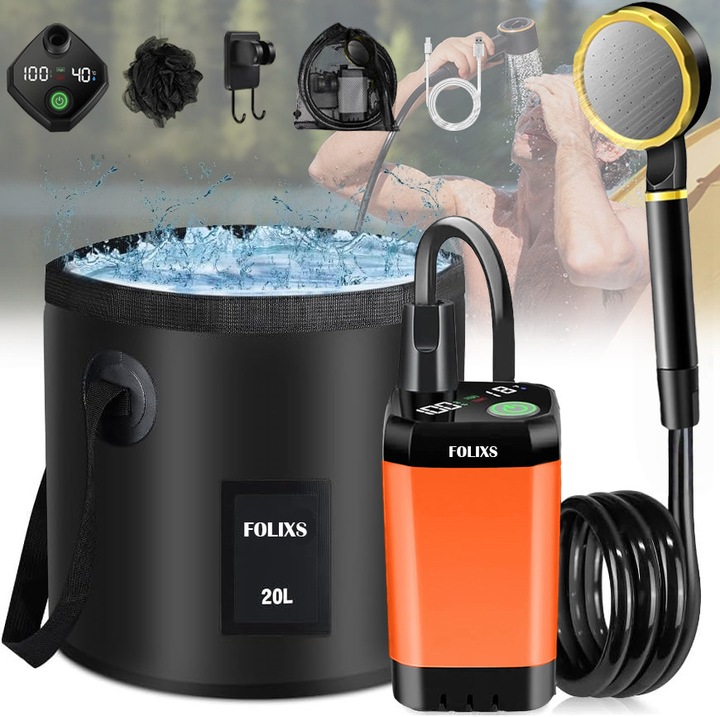 Преносим душ за къмпинг, FOLIXS, 6000mAh, LED екран, режими за висок и нисък дебит, дисплей за температура на водата, дисплей за батерия, сгъваема кофа 20L, тиха работа, многофункционална душ глава, IPX7, маркуч, помпа, USB кабел, кука, калъф
