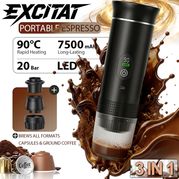 Espressor Portabil Reincarcabil, Excitat®, Incalzire Automata, pana la 90°C, compatibil capsule mari, capsule mici si cafea macinata, incarcare USB-C, baterie 7500mAh, presiune 20 bar, rezervor apa 80 ml, pentru birou, masina, camping, drumetii, Negru
