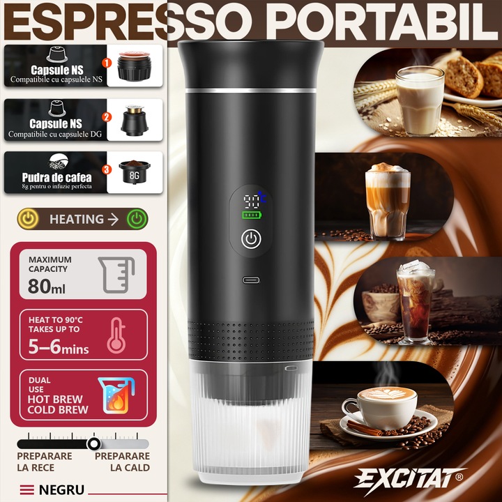 Excitat Hordozható Újratölthető kávéfőző gép, Automatikus Melegítés, akár 90°C, kompatibilis nagy és kis kapszulákkal, valamint őrölt kávéval, USB-C töltés, 7500mAh akkumulátor, 20 bar nyomás, 80 ml víztartály, irodába, autóba, kemping/túrázáshoz, Fekete