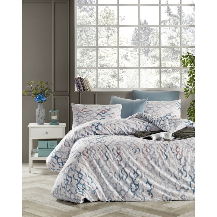 Комплект спално бельо, DemoHome DEPPO, двойно легло king size, изработено от сатенен памук (полипамук) с ориенталски мотив МОЗАЙКА, BLUE home – чаршаф с плънка, чаршаф, 2 калъфки за възглавници