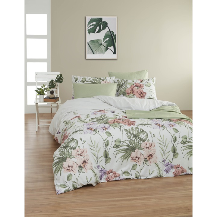 Комплект спално бельо, DemoHome DEPPO, двойно легло king size, изработено от сатенен памук (полипамук) с шарка ТРОПИЧЕСКА ГРАДИНА, WHITE home – чаршаф с фина облегалка, чаршаф, 2 калъфки за възглавници