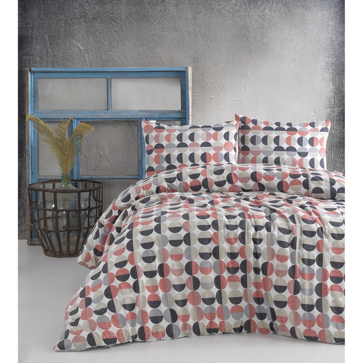 Комплект спално бельо, DemoHome DEPPO, двойно легло king size, изработено от сатенен памук (полипамук) с шарка COLORFUL GEOMETRY, BLUE home – чаршаф с плънка, чаршаф, 2 калъфки за възглавници