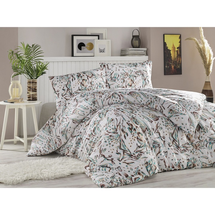 Комплект спално бельо, DemoHome DEPPO, двойно легло king size, изработено от сатенен памук (полипамук) с шарка ЗЕЛЕНИ АКВЕРОЛНИ ЛИСТА, WHITE home – чаршаф с плънка, чаршаф, 2 калъфки за възглавници