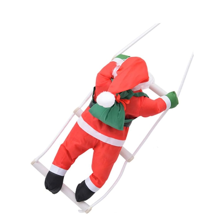 Papusa Mos Craciun urcand pe scara, Bucurie², inaltime papusa 25 cm, material impermeabil, inaltime totala produs 40 cm, rosu