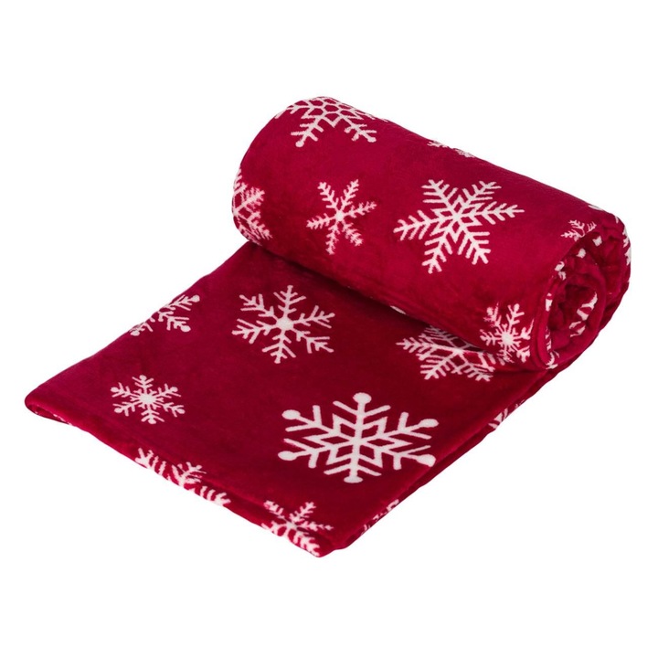 Patură decorativă de Crăciun catifelată cu fulgi albi bordo 220x150cm