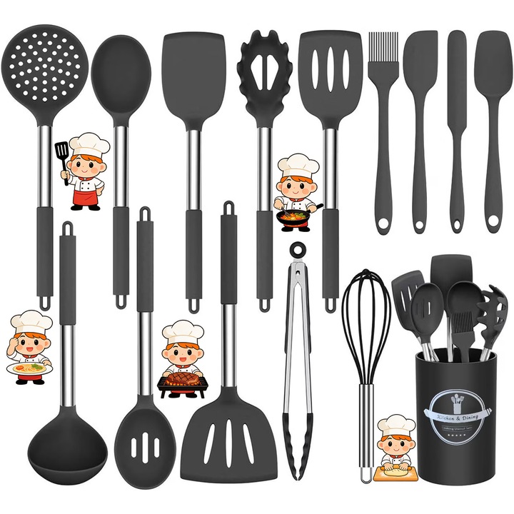 Set Ustensile Bucatarie, YeeLei®, 15 Piese, cu Suport Blat, Spatula, Polonic, pentru Masina de Spalat Vase, Silicon Alimentar si Inox, Antiaderente, Termorezistente, Negru