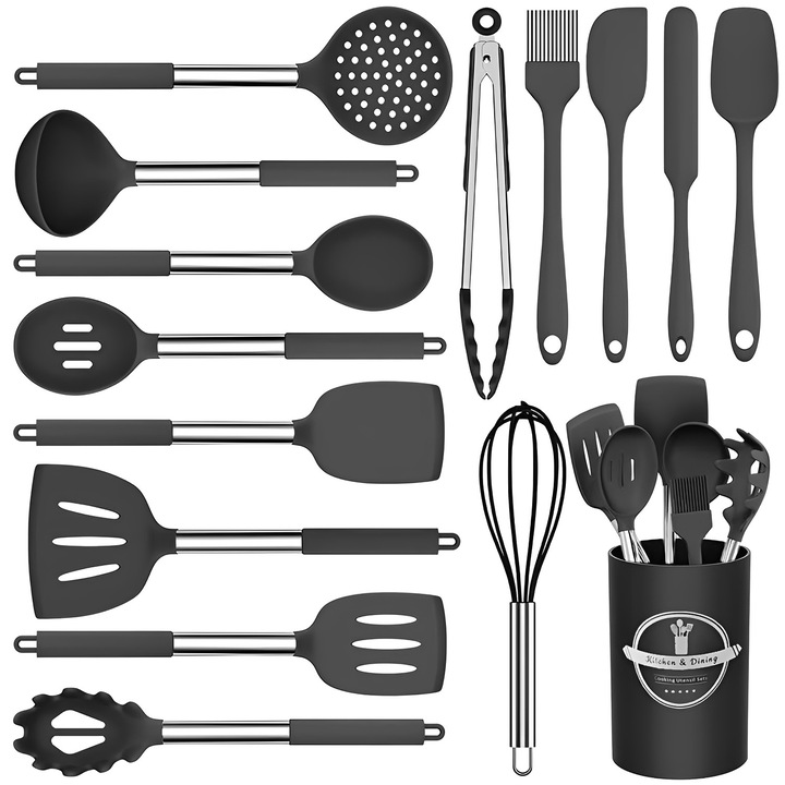 Set Ustensile Bucatarie, YeeLei®, 15 Piese, cu Suport Blat, Spatula, Polonic, pentru Masina de Spalat Vase, Silicon Alimentar si Inox, Antiaderente, Termorezistente, Negru