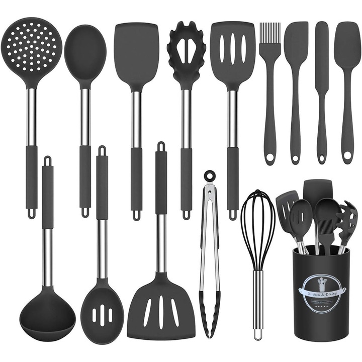 Комплект кухненски прибори, YeeLei®, 8 части, с поставка за плот, шпатула, черпак, за съдомиялна машина, хранителен силикон и неръждаема стомана, незалепващи, топлоустойчиви, черни