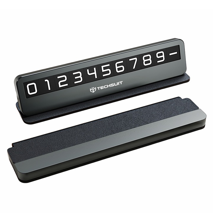 Suport număr telefon auto Techsuit, design slim, culori negre, material ABS, piele ecologică, policarbonat