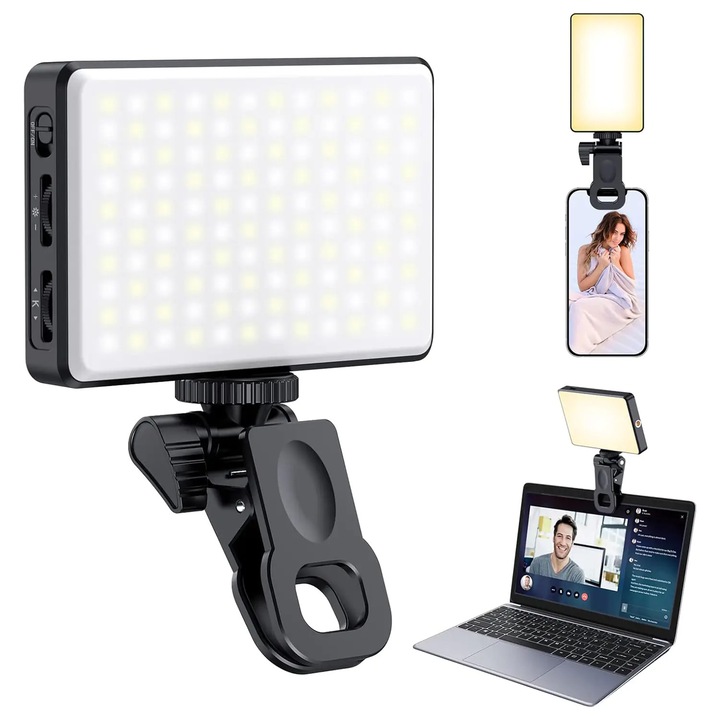 Lampa LED Portabila Elindor® pentru Telefon, Tableta, Laptop, Camera, Lumina Profesionala Compacta pentru Selfie si Machiaj, cu Clip Reglabil si Suport Trepied, 3 Moduri Culoare Alb, Cald, Natural, 10 Trepte Intensitate, Baterie Reincarcabila, Negru