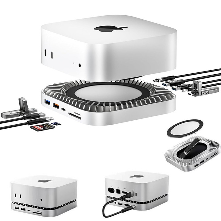 Docking Station pentru Mac Mini M4 / M4 Pro, Suport din aluminiu si hub HDMI cu carcasa M.2 NVMe/SSD SATA, HDMI 4K60Hz, USB A/C 10G, USB A*2 5G, incarcare USB-C, card SD/TF, audio，Gri argintiu