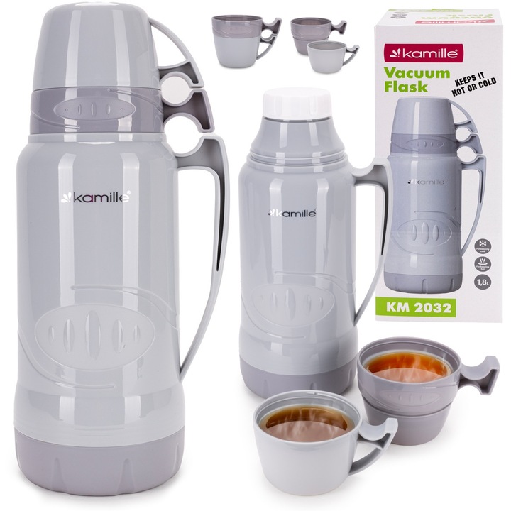 Termos Kamille 1, 8 L cu insertie din sticla, bidon izolant cu 2 cani integrate, mentine temperatura pana la 12 h