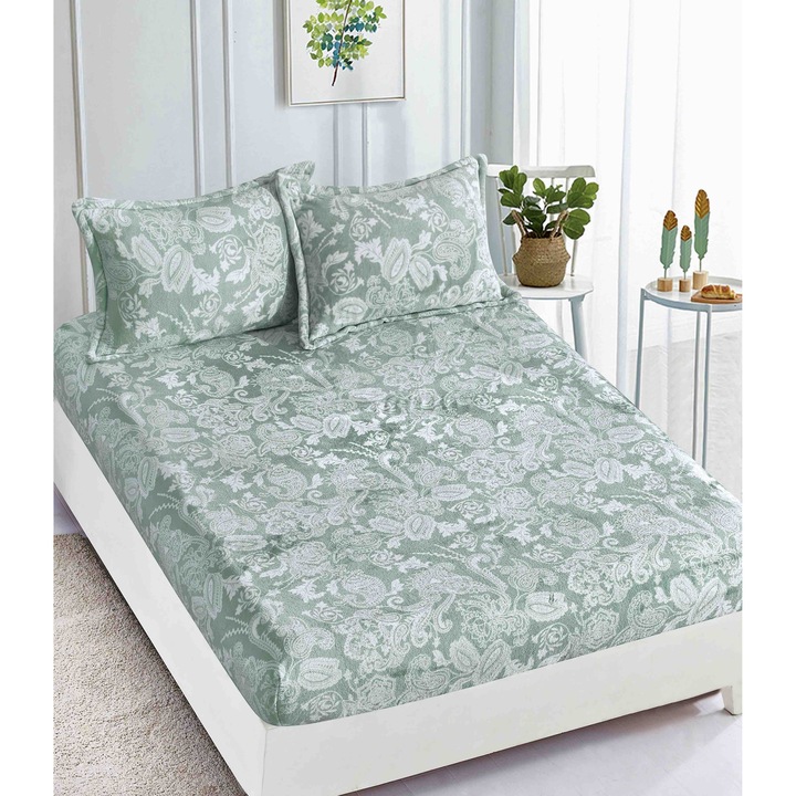 Set Husa de pat CHIRASO, COCOLINO cu Elastic, pentru saltele de 180x200cm, 160x200cm si 140x200, include 2 Fete de Perna 50x74cm, verde prafuit