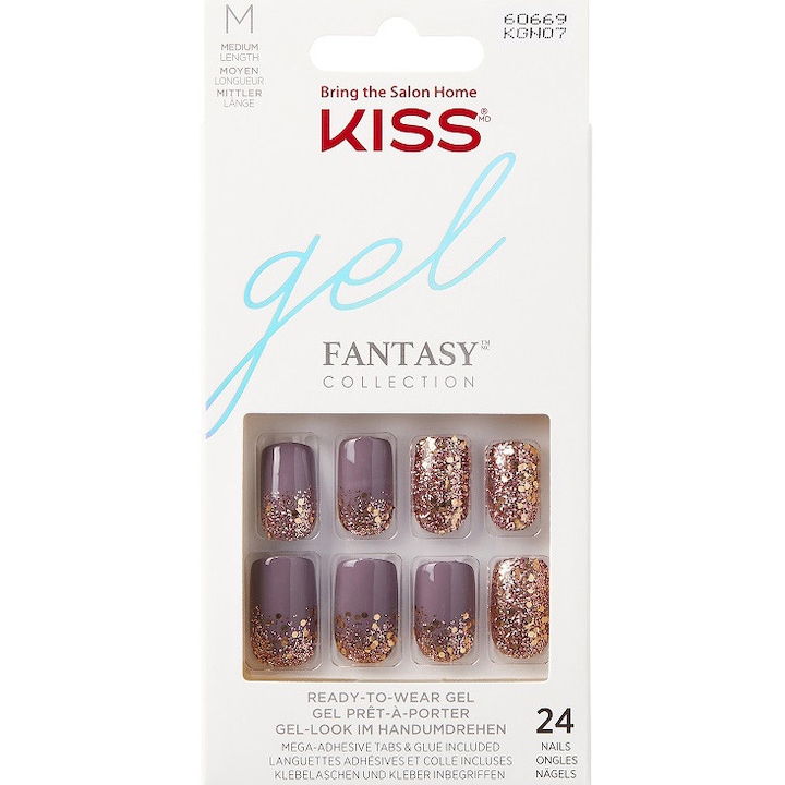 Unghii False KISS GEL FANTASY GLITTER KRUSH HOUR MEDIUM SQUOVAL , 24 buc