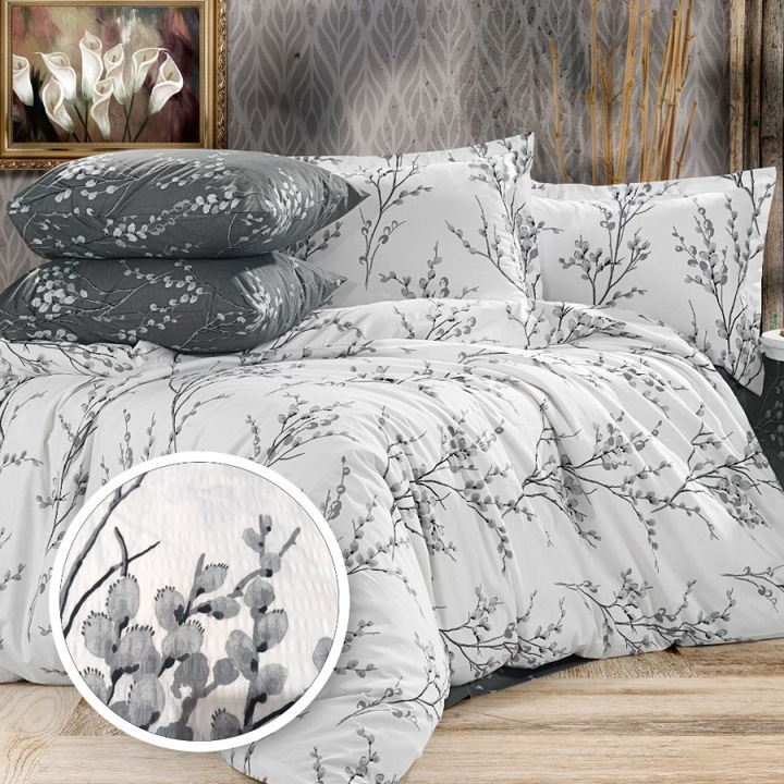 Dupla krepp ágyneműhuzat, 100% pamut, 4 darab, gumis lepedő 180x200 cm, Special Linens, szürke rügyekkel díszített gallyak