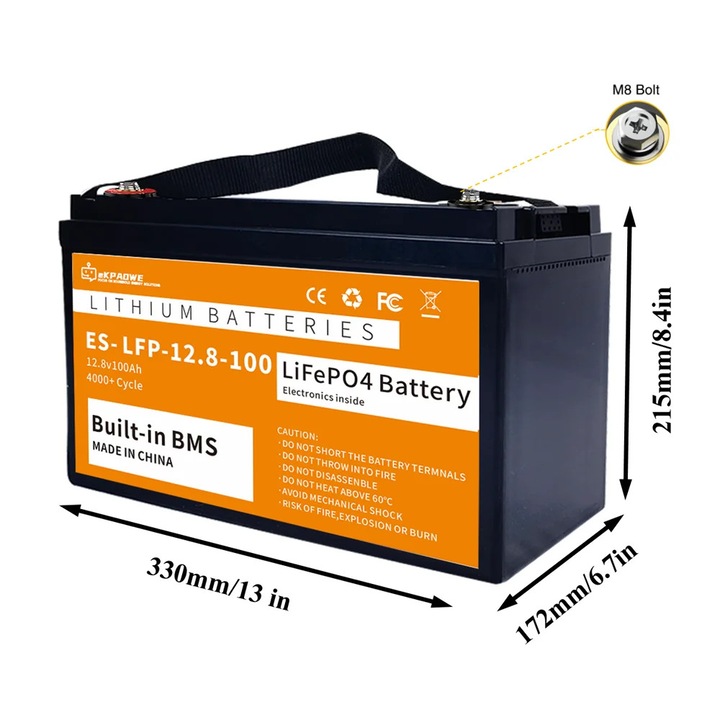 Baterie LiFePO4, 12V 100Ah, constructie robusta, durata lunga de viata, 330x172x215mm