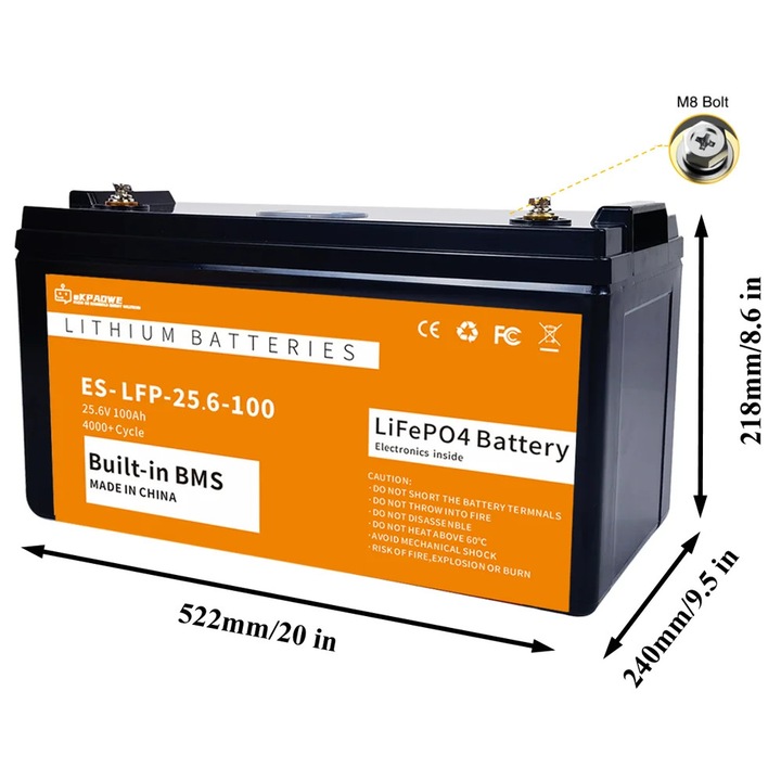 LiFePO4 батерия, 24V 100Ah, 4000 цикъла, здрава конструкция, 330x172x215mm