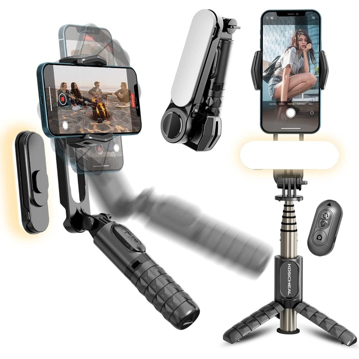 Trepied pentru selfie Q18 [Negru] Stativ din aluminiu de 0, 7 m + Lumina de infrumusetare + Sistem inteligent de urmarire anti-vibratii + Comutare peisaj/portret cu o singura atingere la 360°