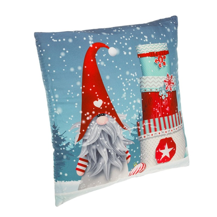 Pernă Decorativă Crăciun, Model Gnom și Cadouri, Albastru, 30x30cm, Poliester, MYONNA IT & E- COMMERCE ®
