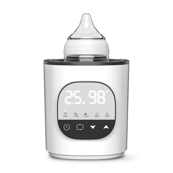 Нагревател за бебешки шишета, Бърз, Многофункционален 5 в 1 и Стерилизатор, LED дисплей, Без BPA, Функция за размразяване, Бързо загряване, Тъчскрийн, 24-часово загряване, Мощност 200W, NTC сензор, Стерилизация с пара, Затопляне на храна, Цвят бял