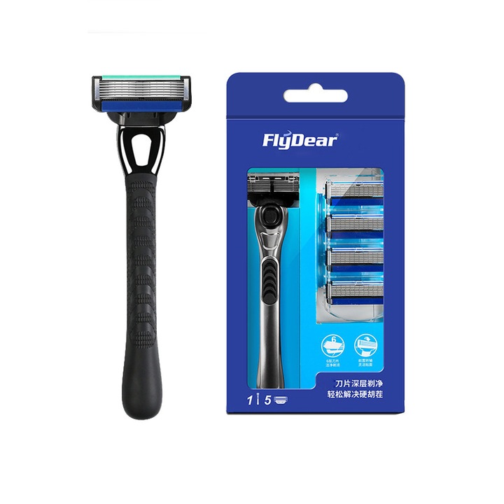 Aparat de ras clasic, 5 lame, maner din aliaj si cauciuc antiderapant, set cu 1 maner si 5 cartuse de reumplere