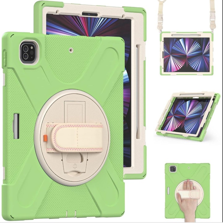 Husa de Protectie iPad Air 11/ Air5, Antisoc, Suport 360°, Suport SmartPEN, Carcasa Robusta, Stand Rotativ, Copii & Adulti, Verde fistic
