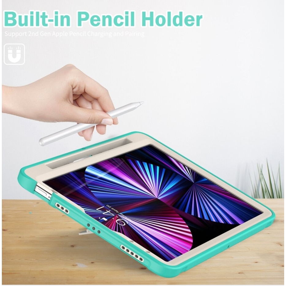 Pachet complet Sigloo 360° pentru iPad Air 5/4 (10.9 inch) - Husa Shockproof cu folie, suport rotativ, suport creion si curea umar - verde menta