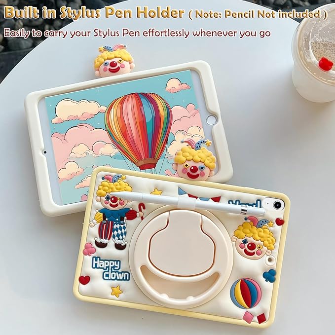 Husa iPad Air 10 (2022, 10.9”) cu Suport Rotativ 360°, Design 3D Clovn Kawaii, Protectie Antishock & Suport Creion – Ideala pentru Copii, Bej