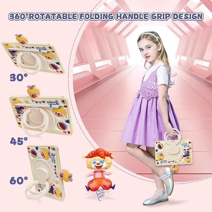Husa iPad Air 10 (2022, 10.9”) cu Suport Rotativ 360°, Design 3D Clovn Kawaii, Protectie Antishock & Suport Creion – Ideala pentru Copii, Bej