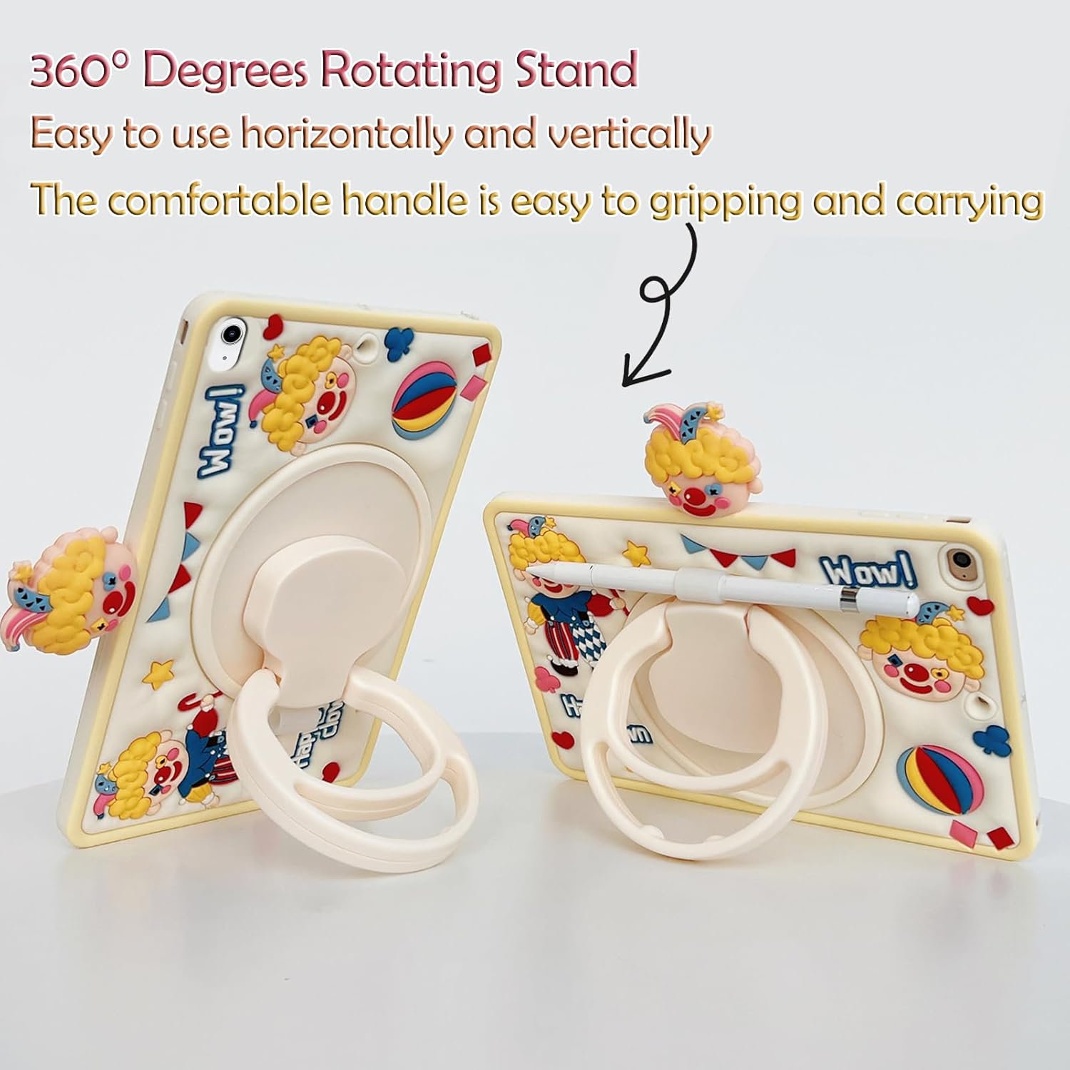 Husa iPad Air 10 (2022, 10.9”) cu Suport Rotativ 360°, Design 3D Clovn Kawaii, Protectie Antishock & Suport Creion – Ideala pentru Copii, Bej