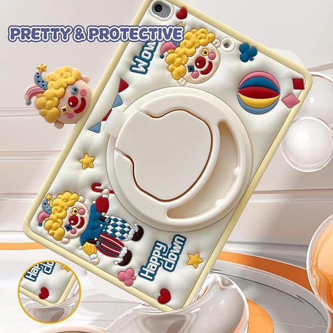 Husa iPad Air 10 (2022, 10.9”) cu Suport Rotativ 360°, Design 3D Clovn Kawaii, Protectie Antishock & Suport Creion – Ideala pentru Copii, Bej