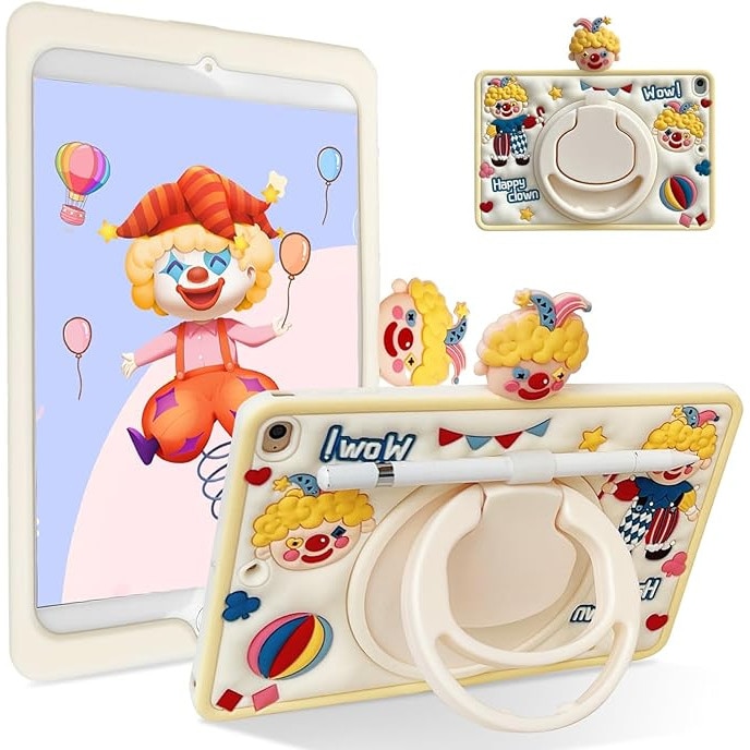 Husa iPad Air 10 (2022, 10.9”) cu Suport Rotativ 360°, Design 3D Clovn Kawaii, Protectie Antishock & Suport Creion – Ideala pentru Copii, Bej