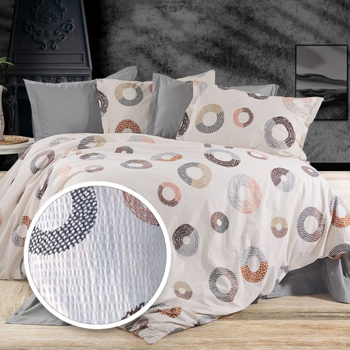 Dupla krepp ágyneműhuzat, 100% pamut, 4 darabos, gumis lepedő 180x200 cm, Special Linens, Barna/Szürke Körök