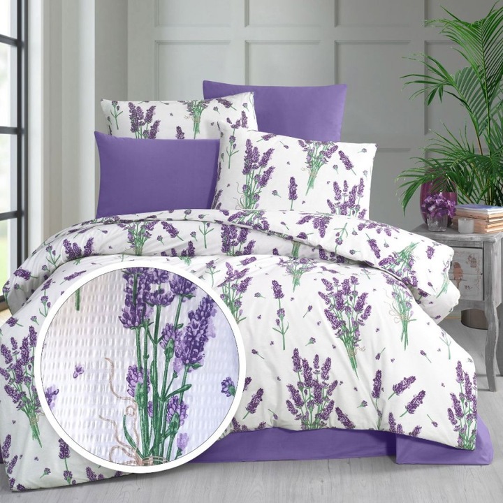 Lenjerie de pat dublu creponata, bumbac 100%, 6 piese, 240 x 260 cm, Lenjerii Deosebite, Lavanda CREP52