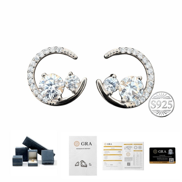 Обеци "Компас на звездите и луната" Небесен компас, Моасанит 1.6Ct (0.8Ct/бр) D-VVS1 Сребро 925 Pt + GRA сертификат и елегантна подаръчна кутия - Луксозни бижута | Етична и екологична опция