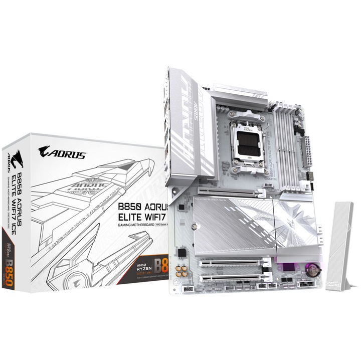 Дънна платка GIGABYTE B850 AORUS ELITE WIFI7 ICE, AM5, DDR5, Wi-Fi, BT, ATX, Бял