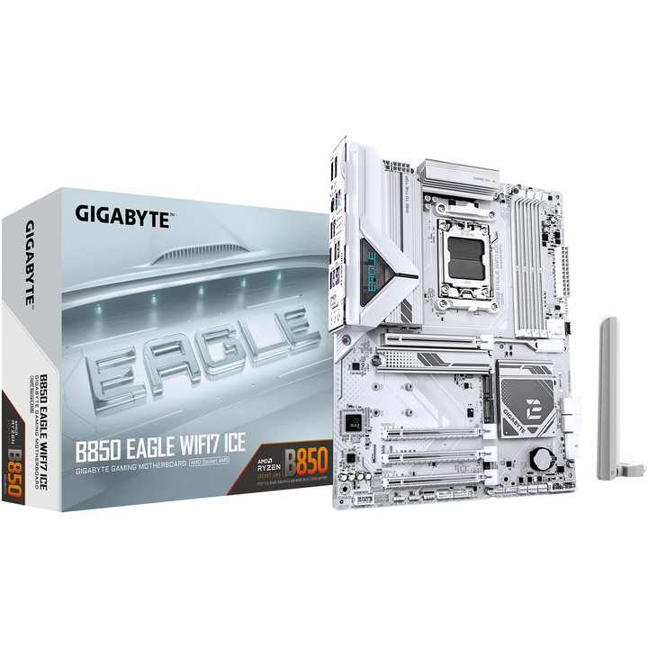 Дънна платка GIGABYTE B850 EAGLE WIFI7 ICE, AM5, DDR5, Wi-Fi, BT, ATX, Бял